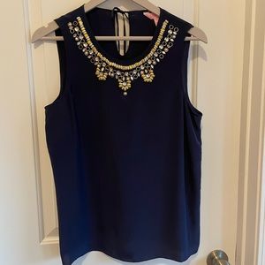 New Lilly Pulitzer sleeveless havana top Navy Silk Embellished jeweled Blouse S